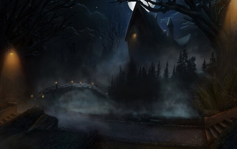 Haunted House at Night — Black, Eerie, Digital Art