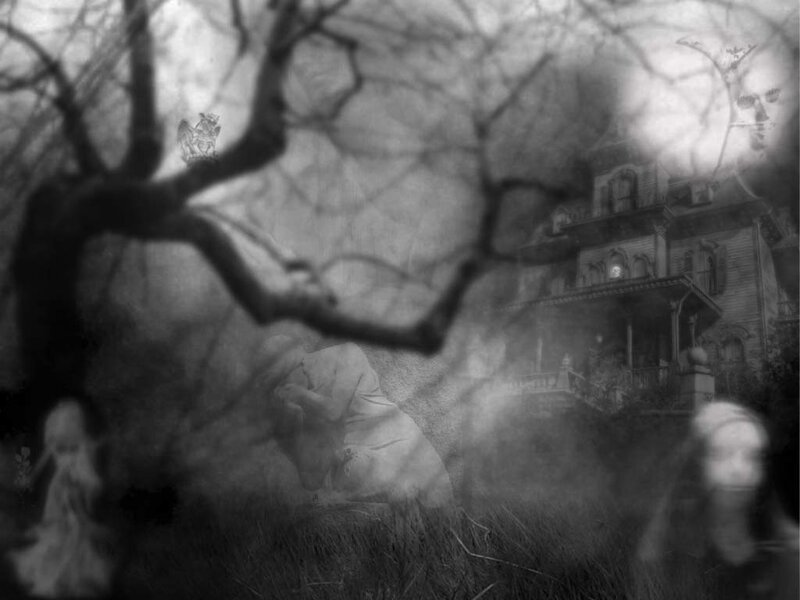 Haunted House at Night — Black, Eerie, Digital Art, Tree Branches