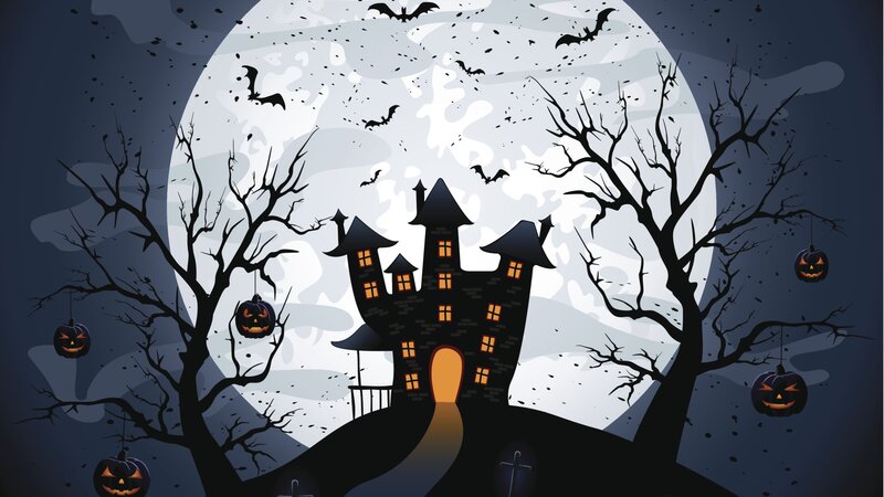 Haunted House at Night — Black, Spooky, Digital Art, Bats, Pumpkins