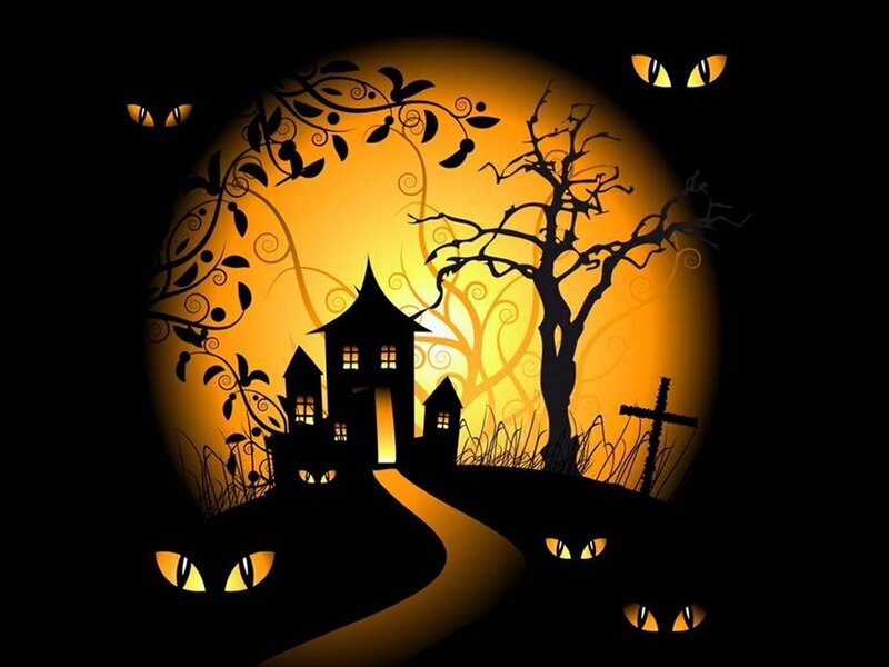 Haunted House at Night — Black, Spooky, Digital Art, Cat Eyes