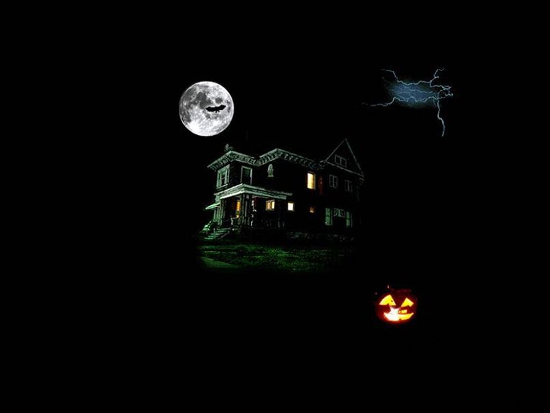 Haunted House at Night — Black, Spooky, Digital Art, Moon, Bat, Lightning