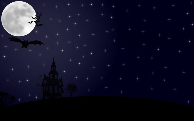 Haunted House at Night — Black, Spooky, Digital Art, Moon, Bats, Stars