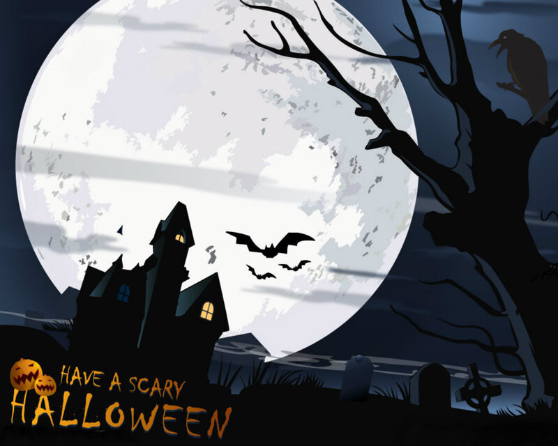 Haunted House at Night — Black, Spooky, Digital Art, Moon, Bats, Tree