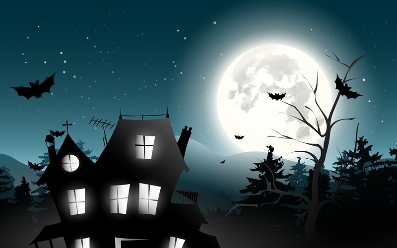 Haunted House at Night — Black, Spooky, Digital Art, Moon, Bats, Trees