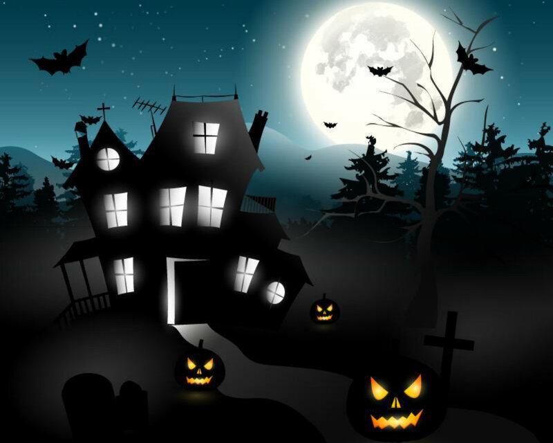 Haunted House at Night — Black, Spooky, Digital Art, Moon, Pumpkins