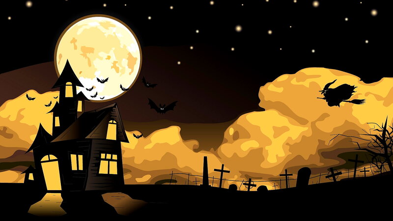 Haunted House at Night — Black, Spooky, Digital Art, Moon