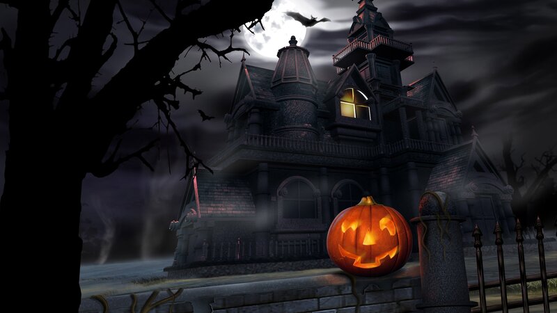 Haunted House at Night — Black, Spooky, Digital Art, Pumpkin, Bat