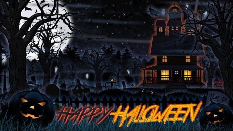 Haunted House at Night — Black, Spooky, Digital Art, Pumpkin, Ghosts