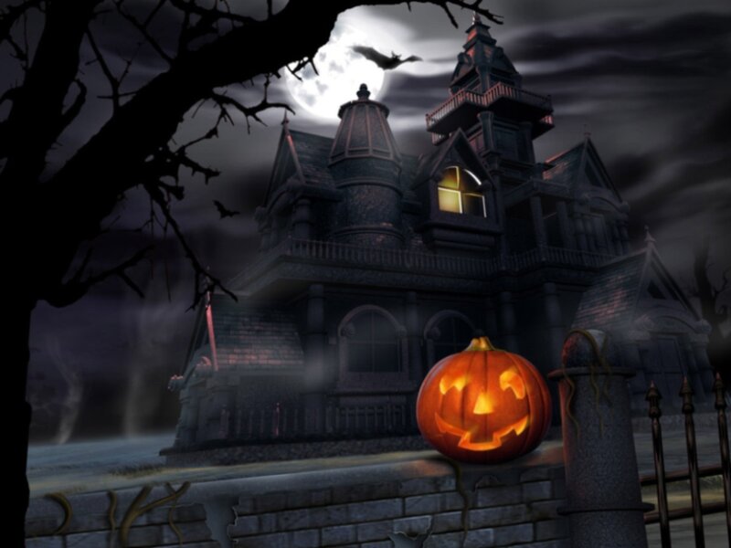 Haunted House at Night — Black, Spooky, Digital Art, Pumpkin, Tree, Bat, Moon, Orange