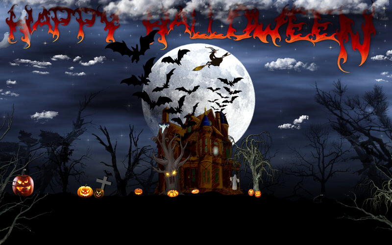 Haunted House at Night — Black, Spooky, Digital Art, Pumpkins, Bats