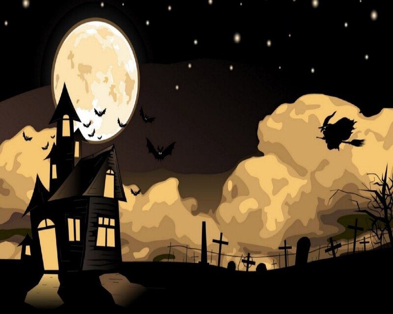 Haunted House at Night — Black, Spooky, Illustration, Moon, Bats