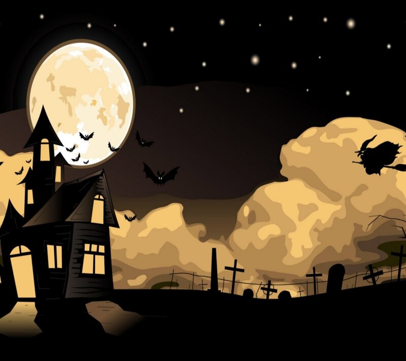 Haunted House at Night — Black, Spooky, Illustration, Moon, Bats, Witch