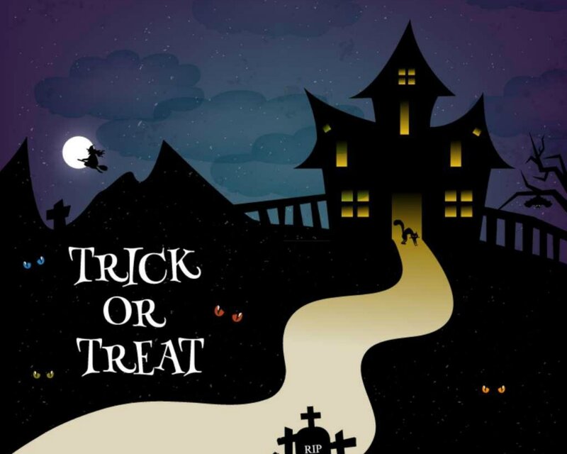 Haunted House at Night — Black, Spooky, Illustration, Witch