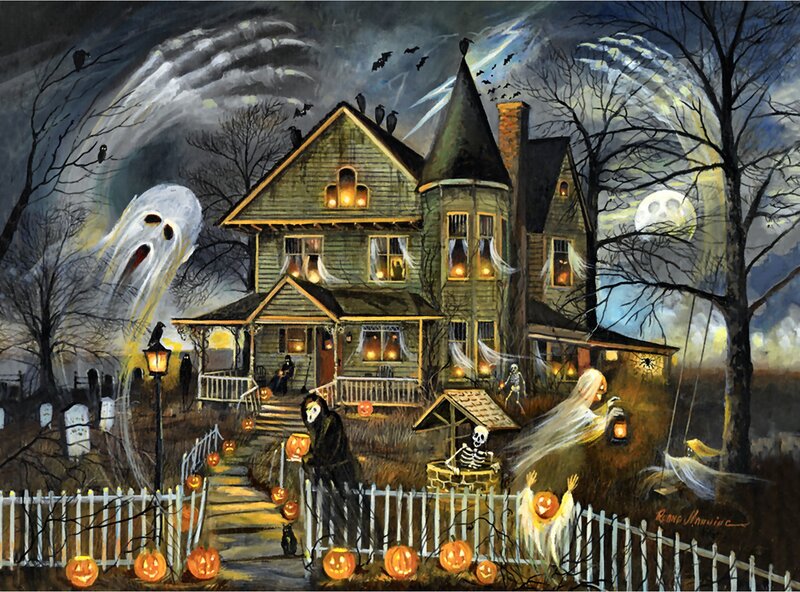 Haunted House at Night — Black, Spooky, Painting