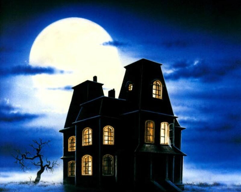Haunted House at Night — Blue, Creepy, Digital Art, Moon, Tree, Clouds