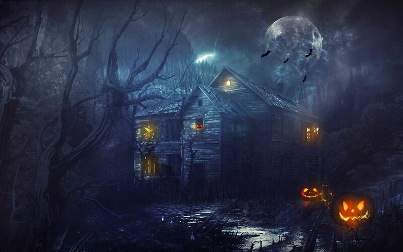 Haunted House at Night — Blue, Creepy, Digital Art, Pumpkin Lanterns