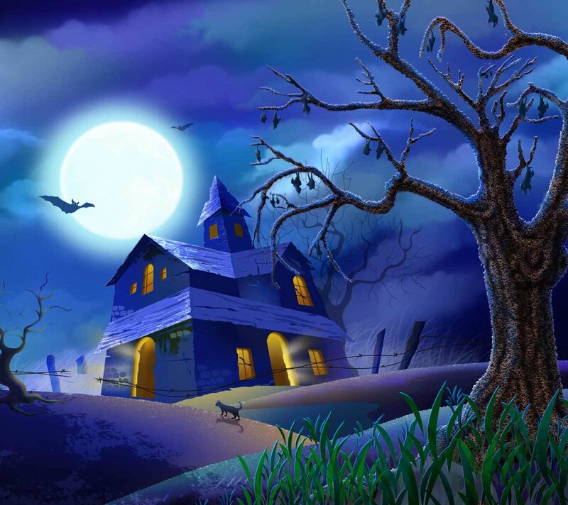 Haunted House at Night — Blue, Creepy, Digital Art
