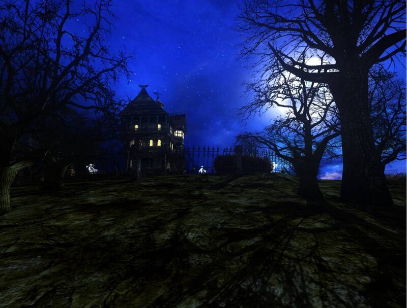 Haunted House at Night — Blue, Dark, 3d Render, Moon, Trees