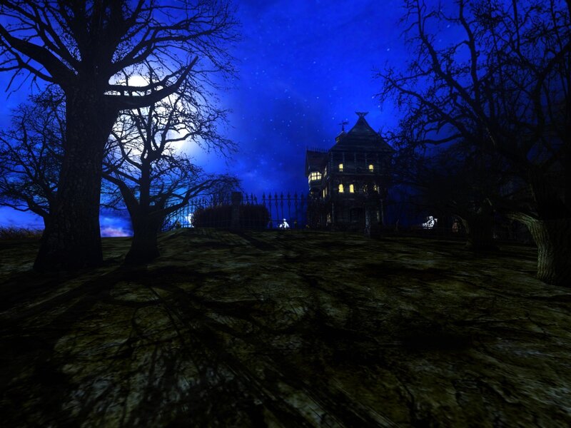 Haunted House at Night — Blue, Dark, 3d Render, Trees