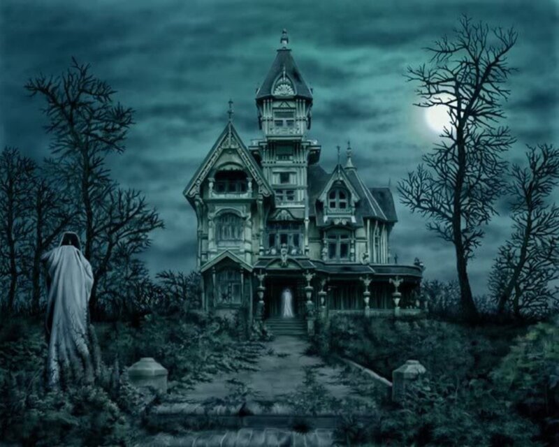 Haunted House at Night — Blue, Dark, Digital Art, Ghost