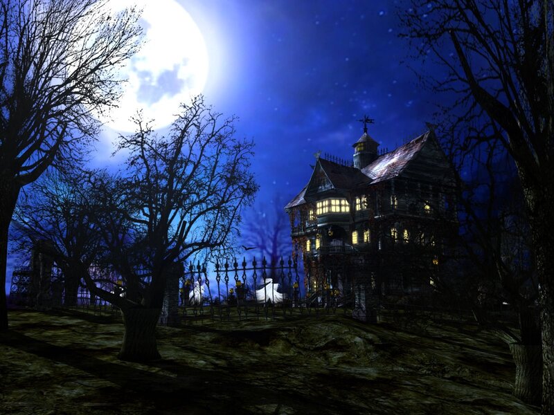 Haunted House at Night — Blue, Dark, Digital Art, Moon