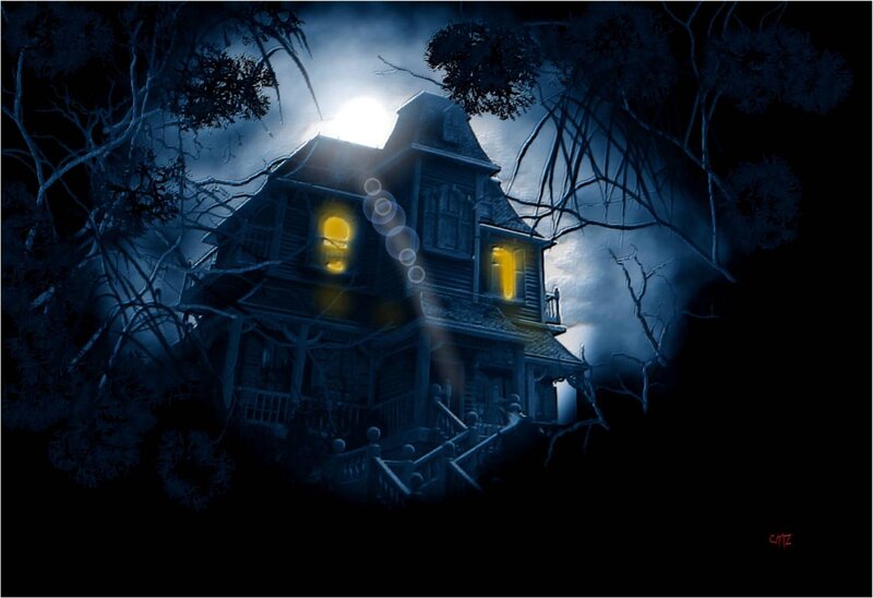 Haunted House at Night — Blue, Dark, Digital Art, Moon, Trees, Windows