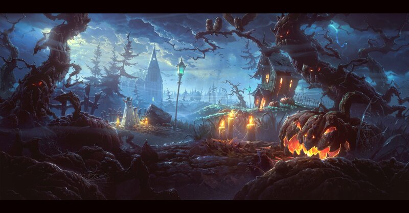 Haunted House at Night — Blue, Dark, Digital Art, Pumpkin