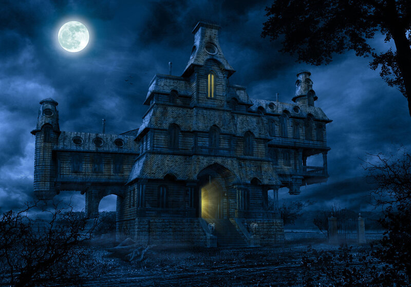 Haunted House at Night — Blue, Dark, Digital Art