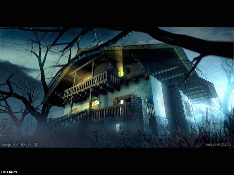 Haunted House at Night — Blue, Dark, Digital Art, Trees