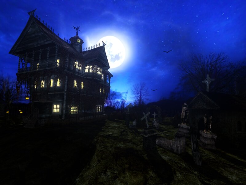 Haunted House at Night — Blue, Dark, Eerie, 3d Render