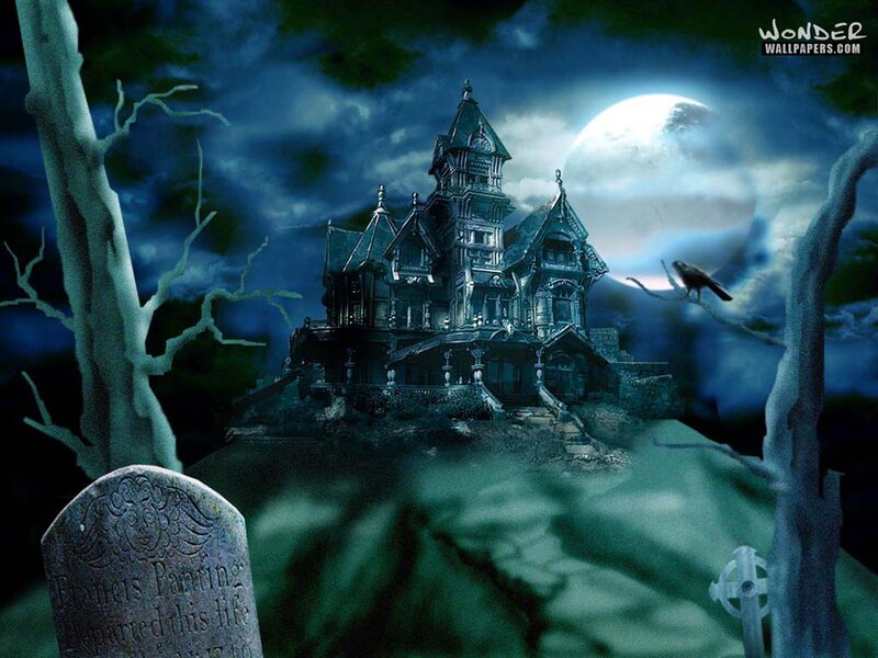 Haunted House at Night — Blue, Dark, Eerie, Digital Art
