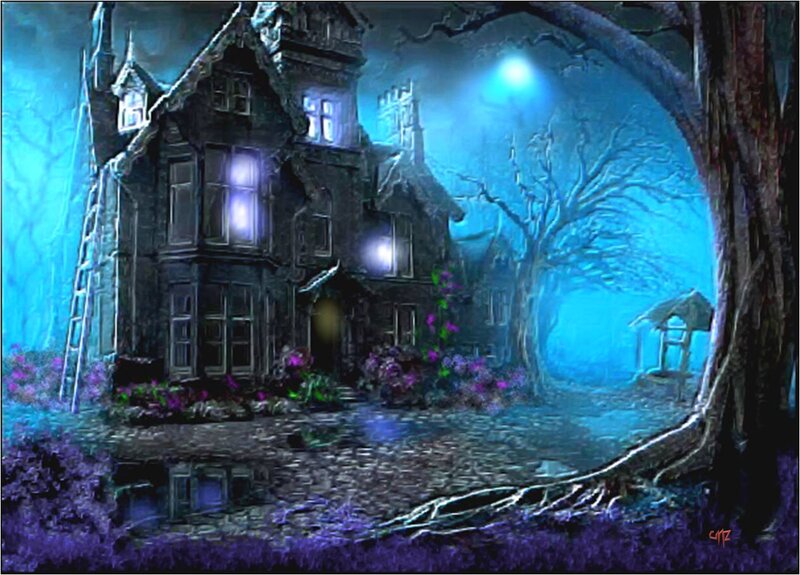 Haunted House at Night — Blue, Eerie, Digital Art, Tree