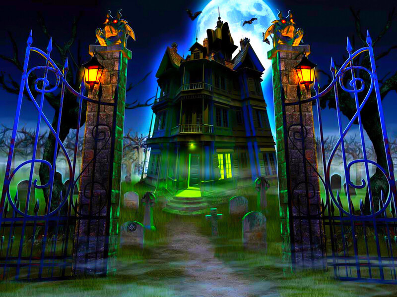 Haunted House at Night — Blue, Spooky, Digital Art, Moon, Bats