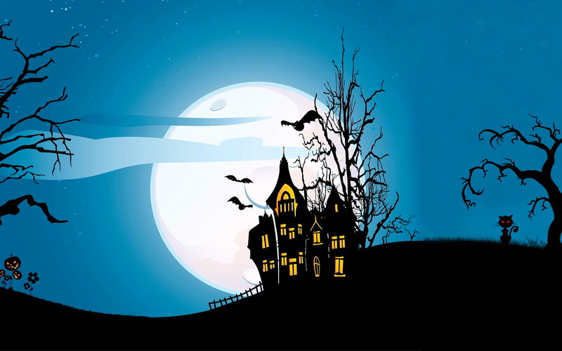 Haunted House at Night — Blue, Spooky, Digital Art, Moon