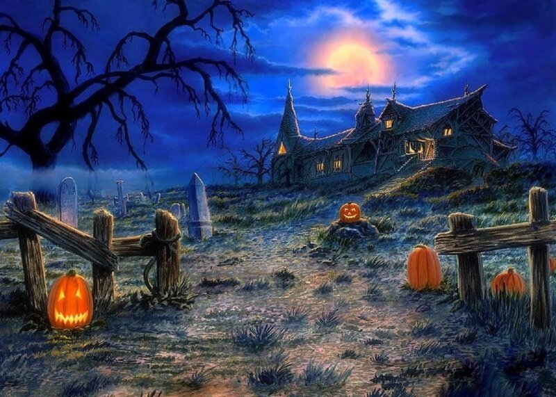 Haunted House at Night — Blue, Spooky, Digital Art, Pumpkin Lanterns