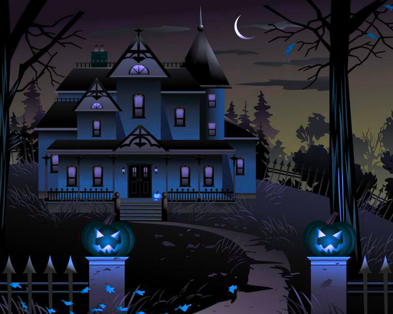 Haunted House at Night — Blue, Spooky, Digital Art, Pumpkins, Moon