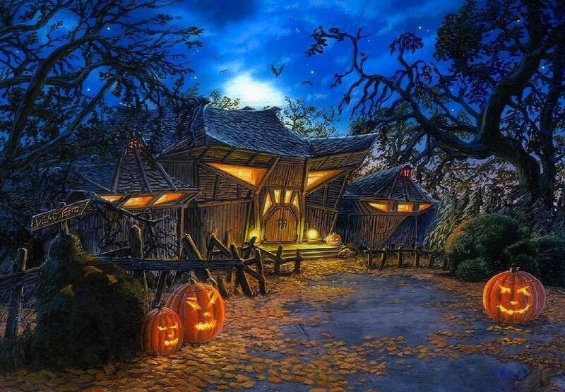 Haunted House at Night — Blue, Spooky, Digital Art, Pumpkins, Moon, Trees