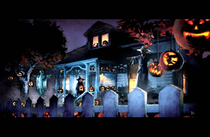 Haunted House at Night — Blue, Spooky, Digital Art, Pumpkins