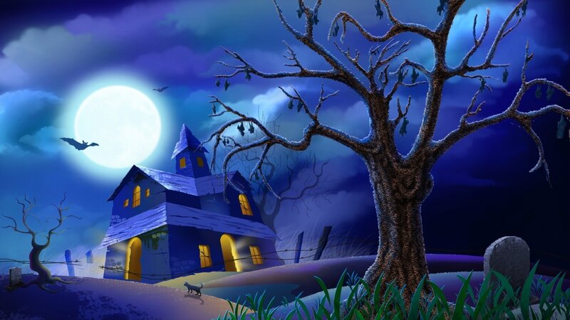 Haunted House at Night — Blue, Spooky, Digital Art