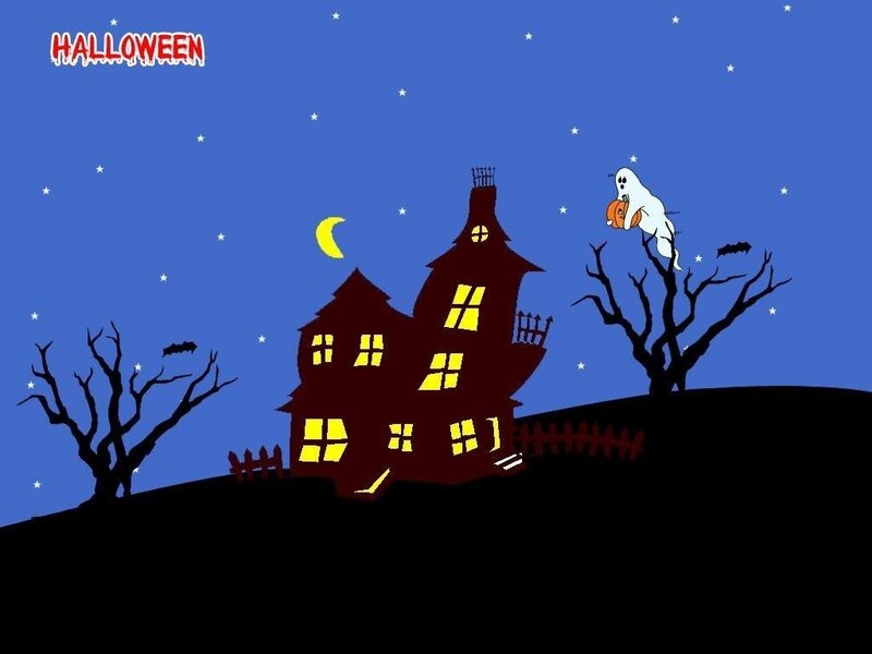 Haunted House at Night — Blue, Spooky, Illustration, Ghost