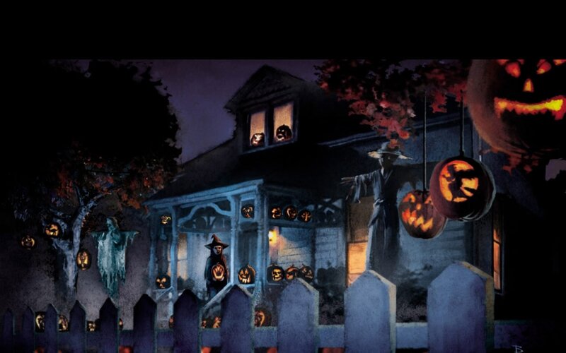 Haunted House at Night — Blue, Spooky, Illustration, Pumpkins