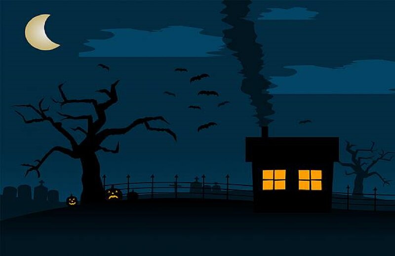 Haunted House at Night — Blue, Spooky, Vector Art, Cemetery