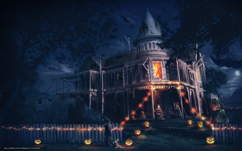 Haunted House at Night — Dark Blue, Spooky, Digital Art