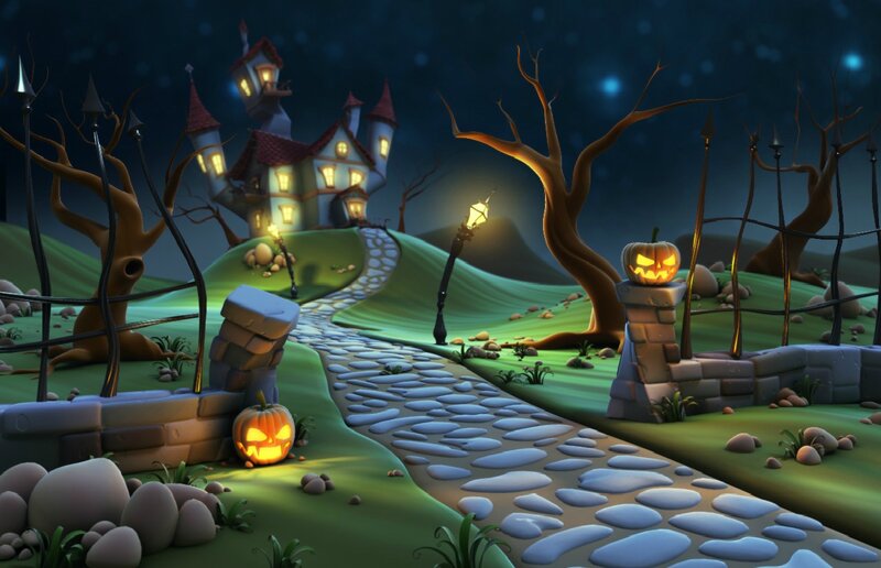 Haunted House at Night — Green, Creepy, Digital Art, Pumpkin Lanterns