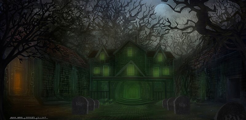 Haunted House at Night — Green, Dark, Digital Art
