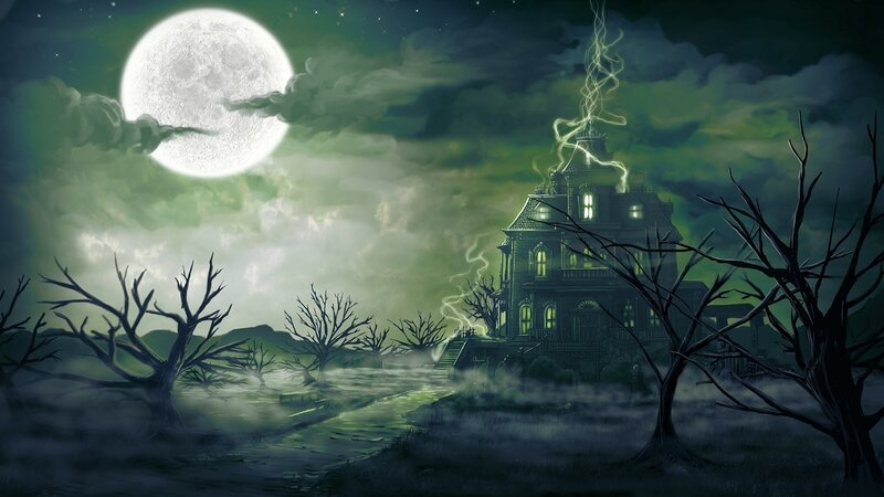 Haunted House at Night — Green, Eerie, Digital Art, Moon