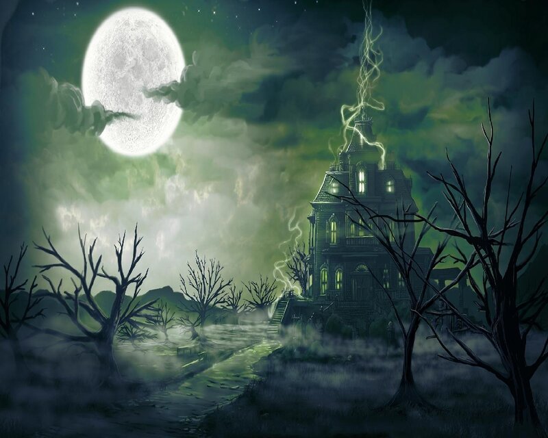 Haunted House at Night — Green, Eerie, Digital Art