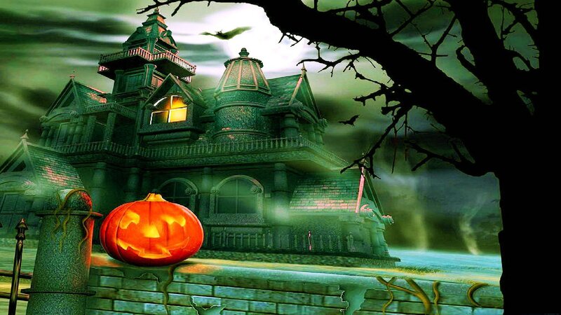 Haunted House at Night — Green, Spooky, Digital Art, Pumpkin