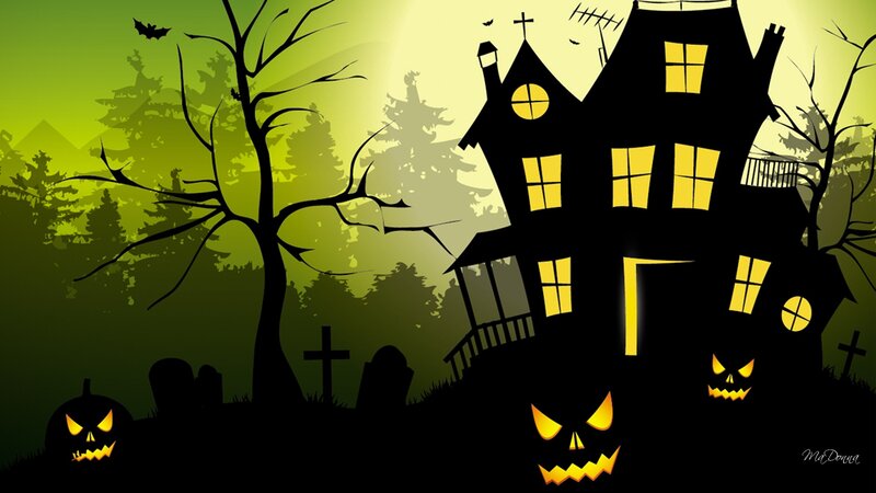 Haunted House at Night — Green, Spooky, Digital Art