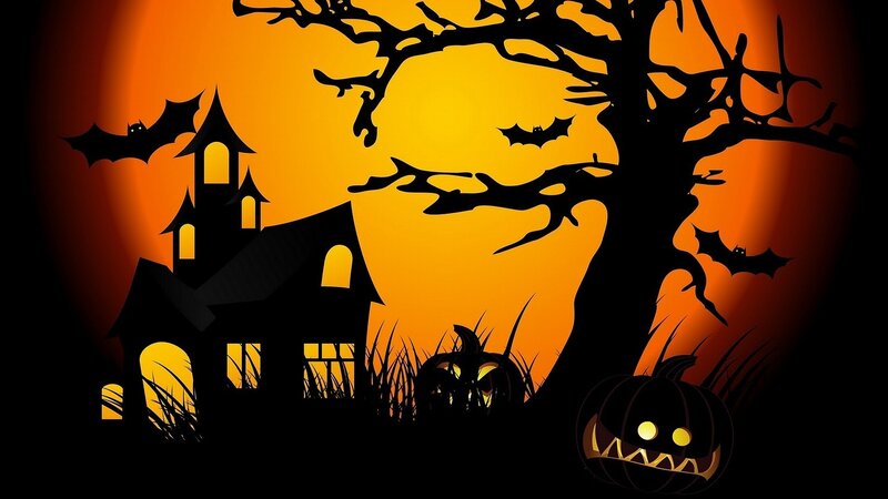 Haunted House at Night — Orange, Spooky, Digital Art, Bats